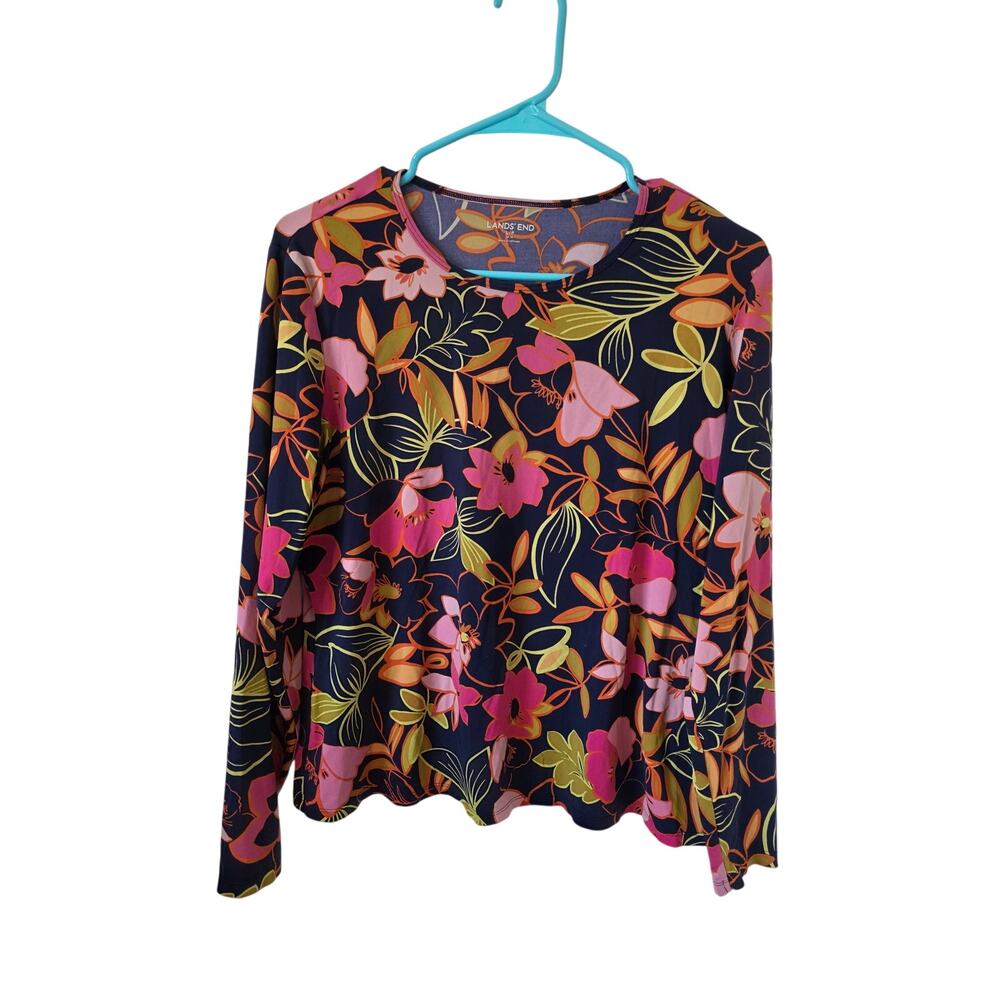 Lands End Womens Floral Rash Guard Swim Top Size Large Petite Navy Blue Pink